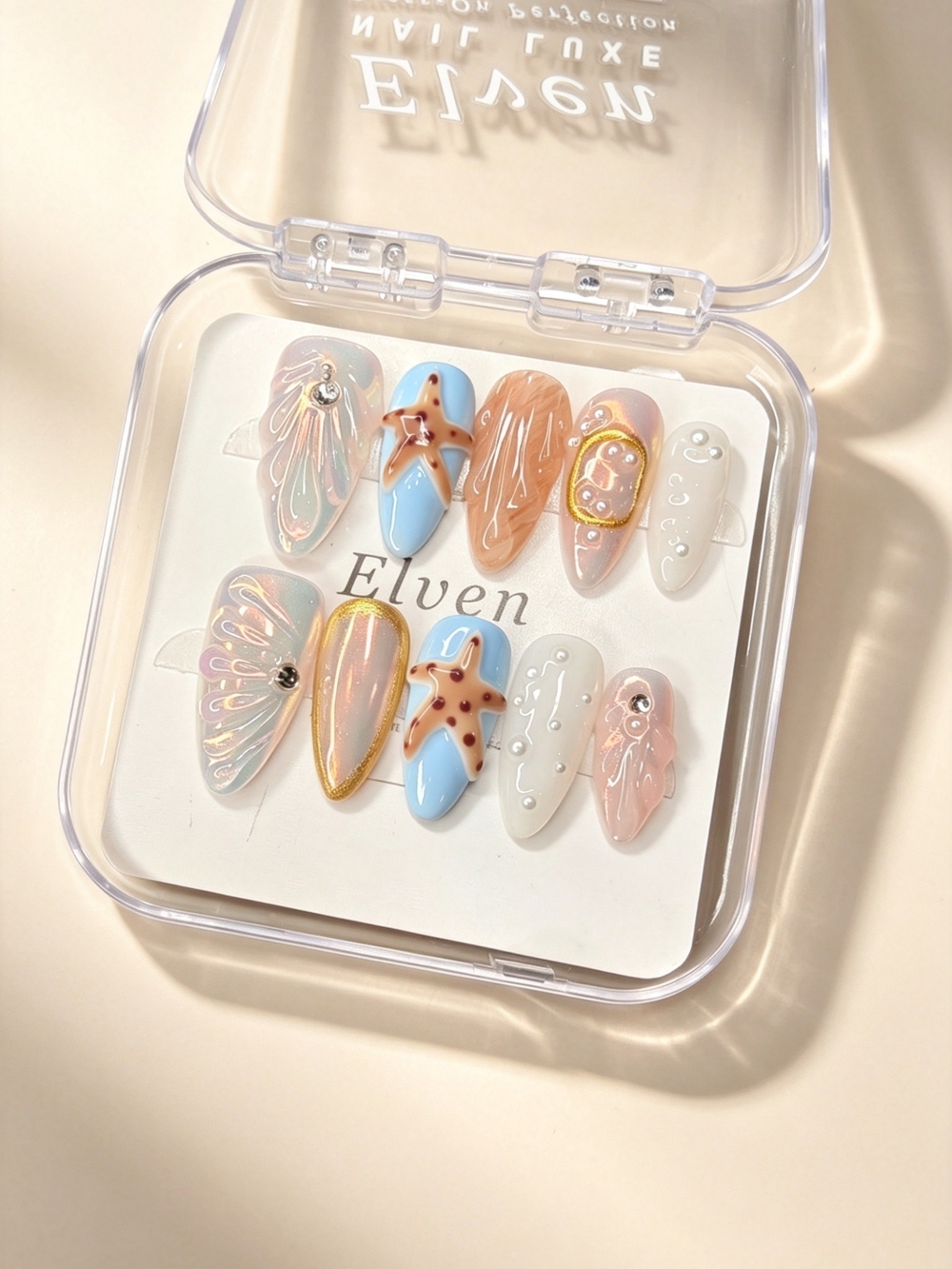 Ocean Themed Press On Nails With 3D Starfish Shells And Pearls Medium Almond